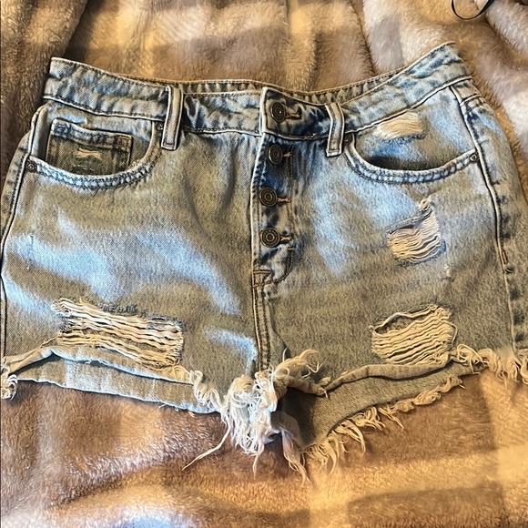 Women's High Waist Distressed Denim Shorts - Light Blue - Picture 3 of 5